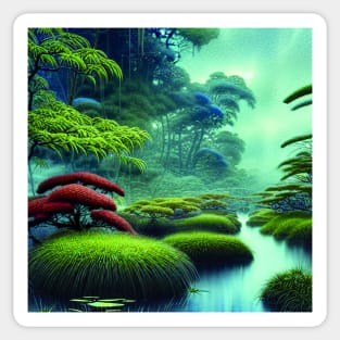 Digital Painting Scene Of a Realistic Jungle and Lake, Nature Scenery Sticker